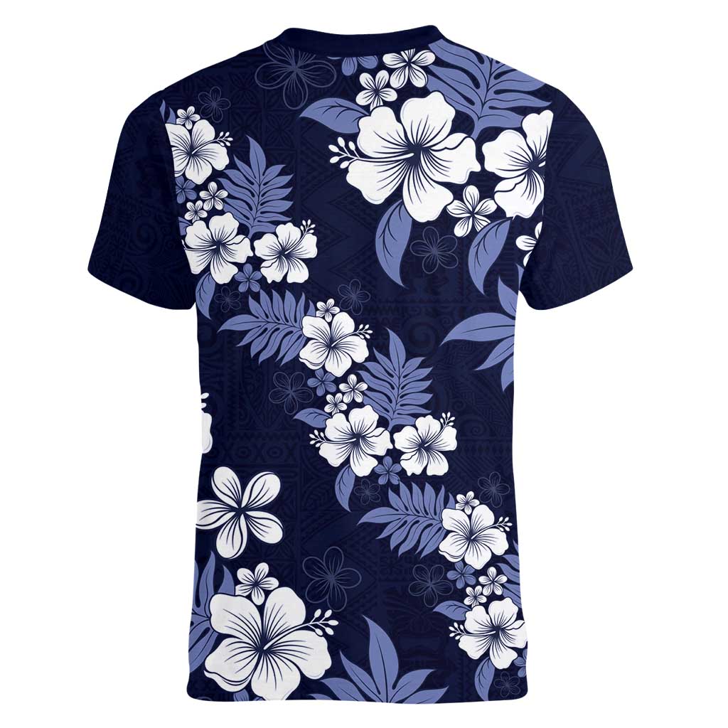 Hawaiian Hibiscus Tribal Floral Blue Women V-Neck T-Shirt Polynesian Tapa Pattern - Polynesian Pride