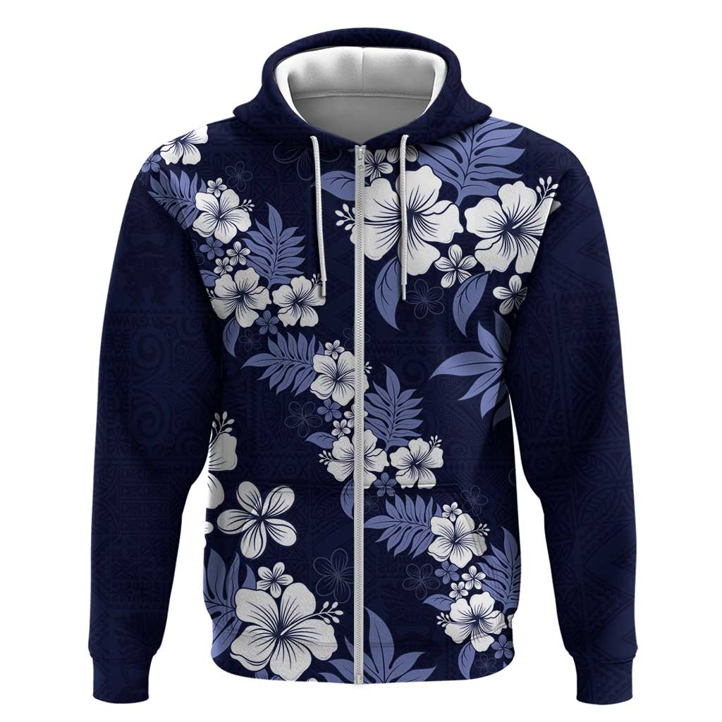 Hawaiian Hibiscus Tribal Floral Blue Zip Hoodie Polynesian Tapa Pattern LT01 Zip Hoodie Blue - Polynesian Pride
