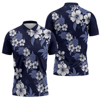 Hawaiian Hibiscus Tribal Floral Blue Zipper Polo Shirt Polynesian Tapa Pattern - Polynesian Pride