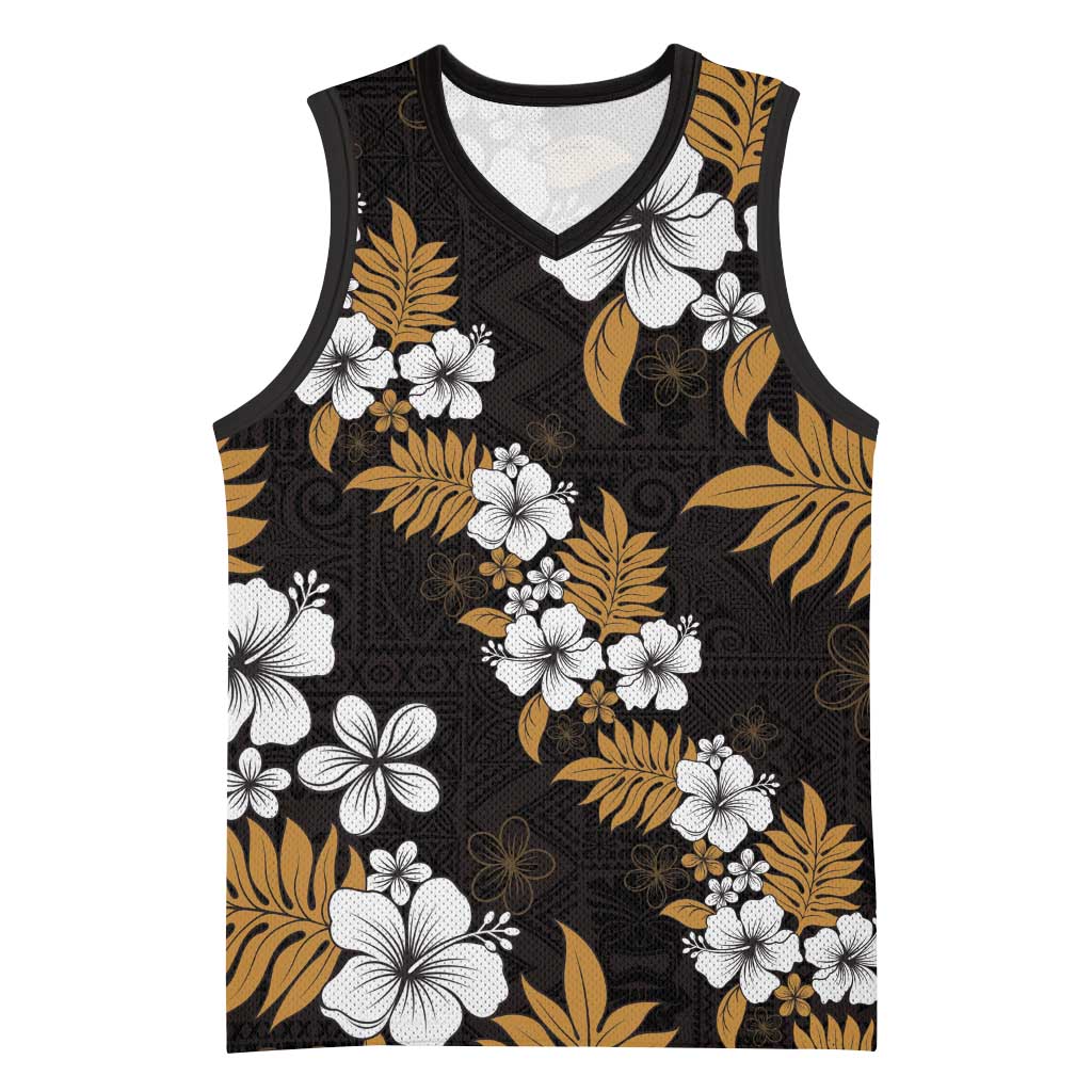 Hawaiian Hibiscus Tribal Floral Brown Basketball Jersey Polynesian Tapa Pattern - Polynesian Pride