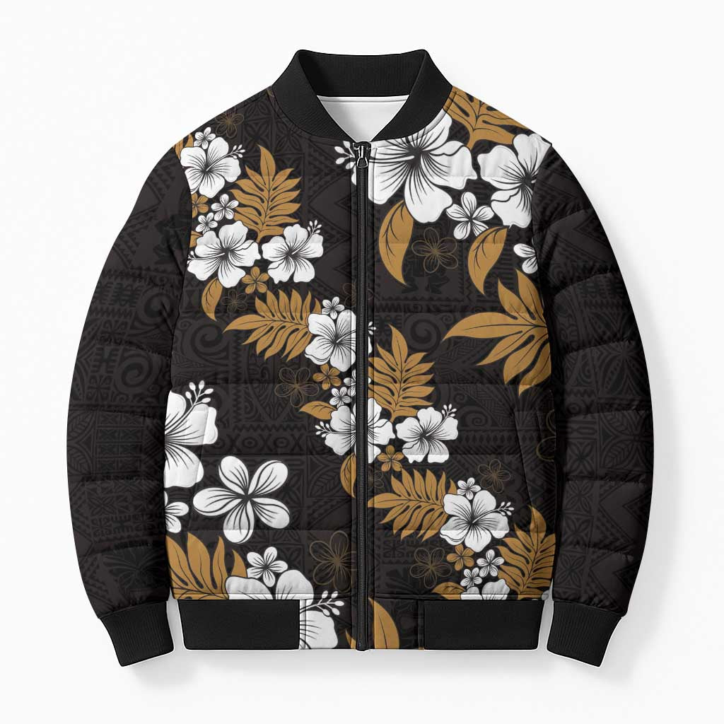 Hawaiian Hibiscus Tribal Floral Brown Bomber Puffer Jacket Polynesian Tapa Pattern - Polynesian Pride