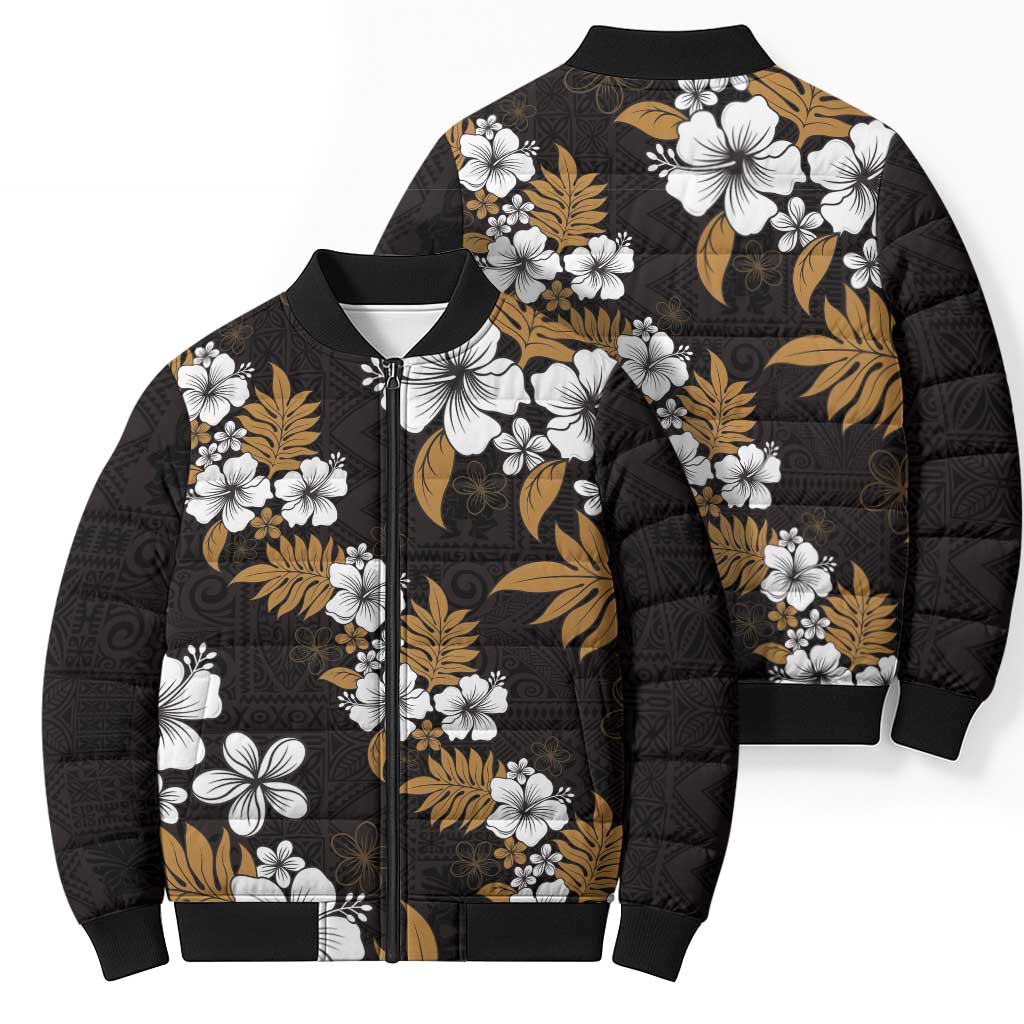 Hawaiian Hibiscus Tribal Floral Brown Bomber Puffer Jacket Polynesian Tapa Pattern LT01 - Polynesian Pride