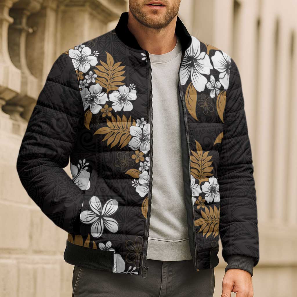 Hawaiian Hibiscus Tribal Floral Brown Bomber Puffer Jacket Polynesian Tapa Pattern LT01 - Polynesian Pride