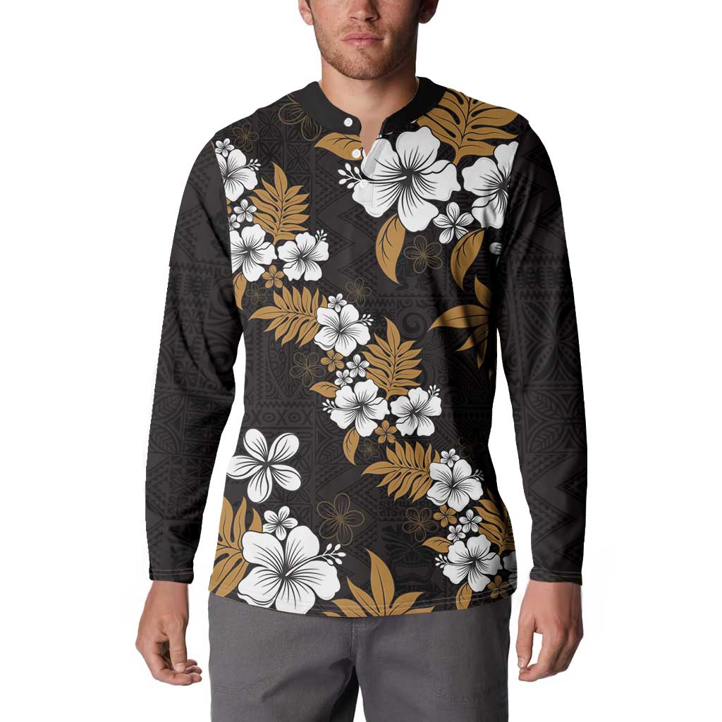 Hawaiian Hibiscus Tribal Floral Brown Button Sweatshirt Polynesian Tapa Pattern - Polynesian Pride