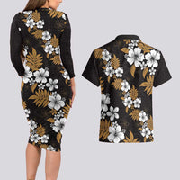 Hawaiian Hibiscus Tribal Floral Brown Couples Matching Long Sleeve Bodycon Dress and Hawaiian Shirt Polynesian Tapa Pattern - Polynesian Pride