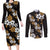 Hawaiian Hibiscus Tribal Floral Brown Couples Matching Long Sleeve Bodycon Dress and Long Sleeve Button Shirt Polynesian Tapa Pattern - Polynesian Pride