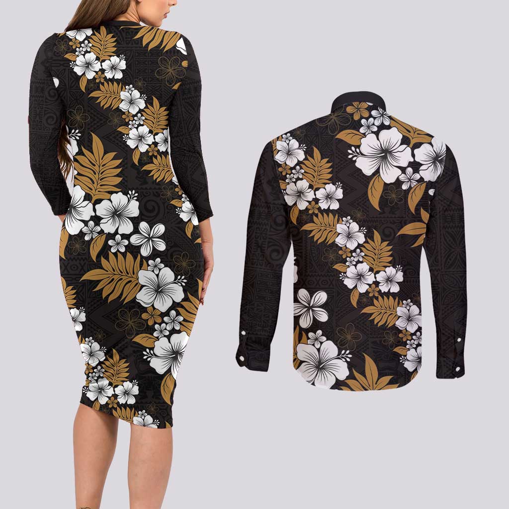 Hawaiian Hibiscus Tribal Floral Brown Couples Matching Long Sleeve Bodycon Dress and Long Sleeve Button Shirt Polynesian Tapa Pattern - Polynesian Pride