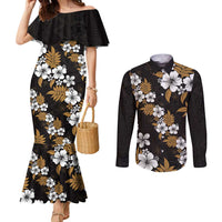 Hawaiian Hibiscus Tribal Floral Brown Couples Matching Mermaid Dress and Long Sleeve Button Shirt Polynesian Tapa Pattern - Polynesian Pride