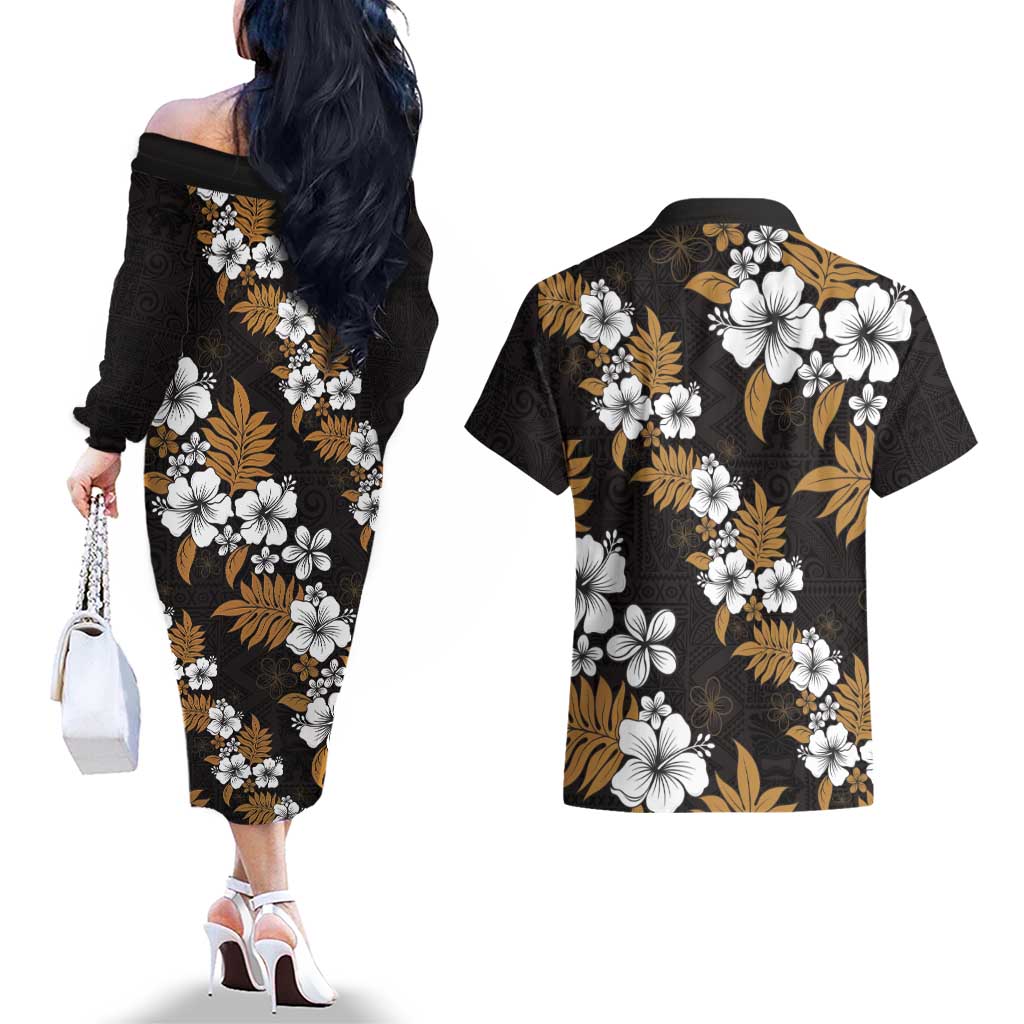 Hawaiian Hibiscus Tribal Floral Brown Couples Matching Off The Shoulder Long Sleeve Dress and Hawaiian Shirt Polynesian Tapa Pattern - Polynesian Pride