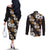 Hawaiian Hibiscus Tribal Floral Brown Couples Matching Off The Shoulder Long Sleeve Dress and Long Sleeve Button Shirt Polynesian Tapa Pattern - Polynesian Pride