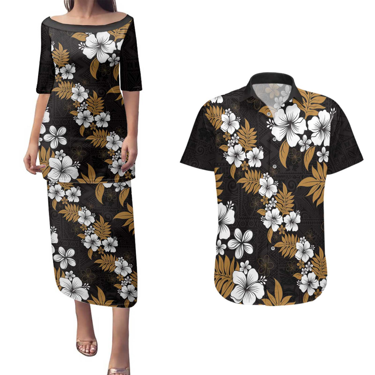 Hawaiian Hibiscus Tribal Floral Brown Couples Matching Puletasi and Hawaiian Shirt Polynesian Tapa Pattern - Polynesian Pride