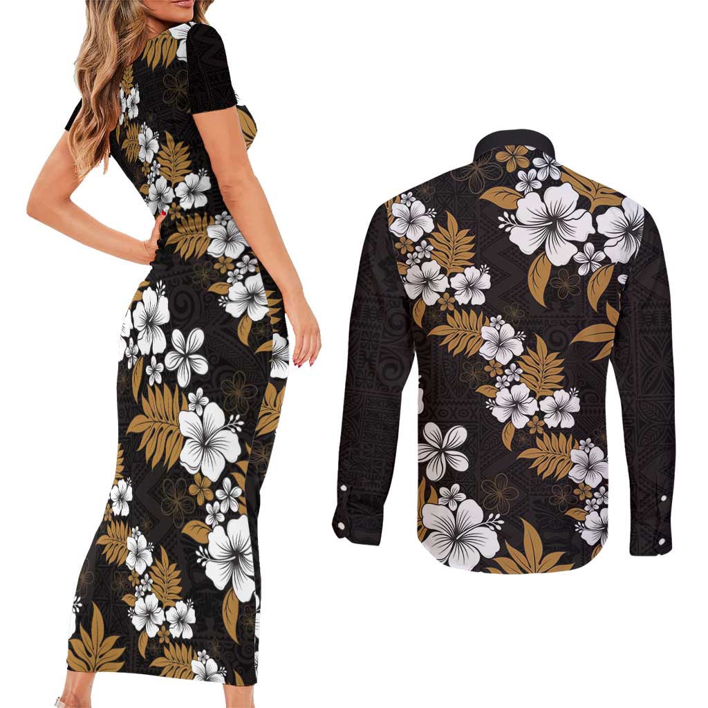 Hawaiian Hibiscus Tribal Floral Brown Couples Matching Short Sleeve Bodycon Dress and Long Sleeve Button Shirt Polynesian Tapa Pattern - Polynesian Pride