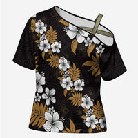 Hawaiian Hibiscus Tribal Floral Brown Cross Shoulder Shirt Polynesian Tapa Pattern - Polynesian Pride