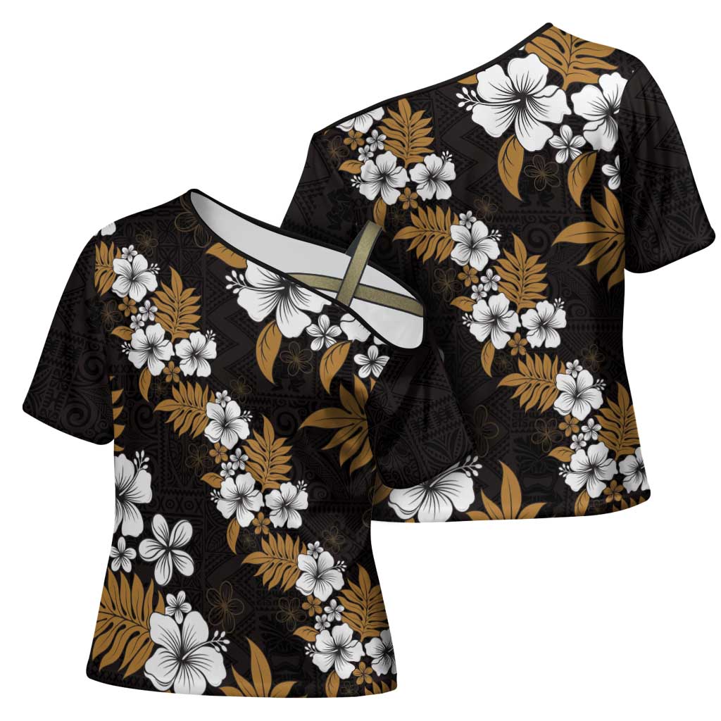 Hawaiian Hibiscus Tribal Floral Brown Cross Shoulder Shirt Polynesian Tapa Pattern - Polynesian Pride