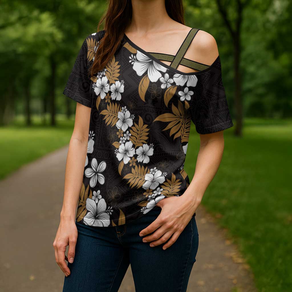 Hawaiian Hibiscus Tribal Floral Brown Cross Shoulder Shirt Polynesian Tapa Pattern - Polynesian Pride