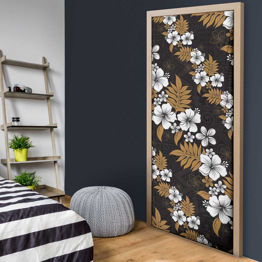 Hawaiian Hibiscus Tribal Floral Brown Door Cover Polynesian Tapa Pattern - Polynesian Pride