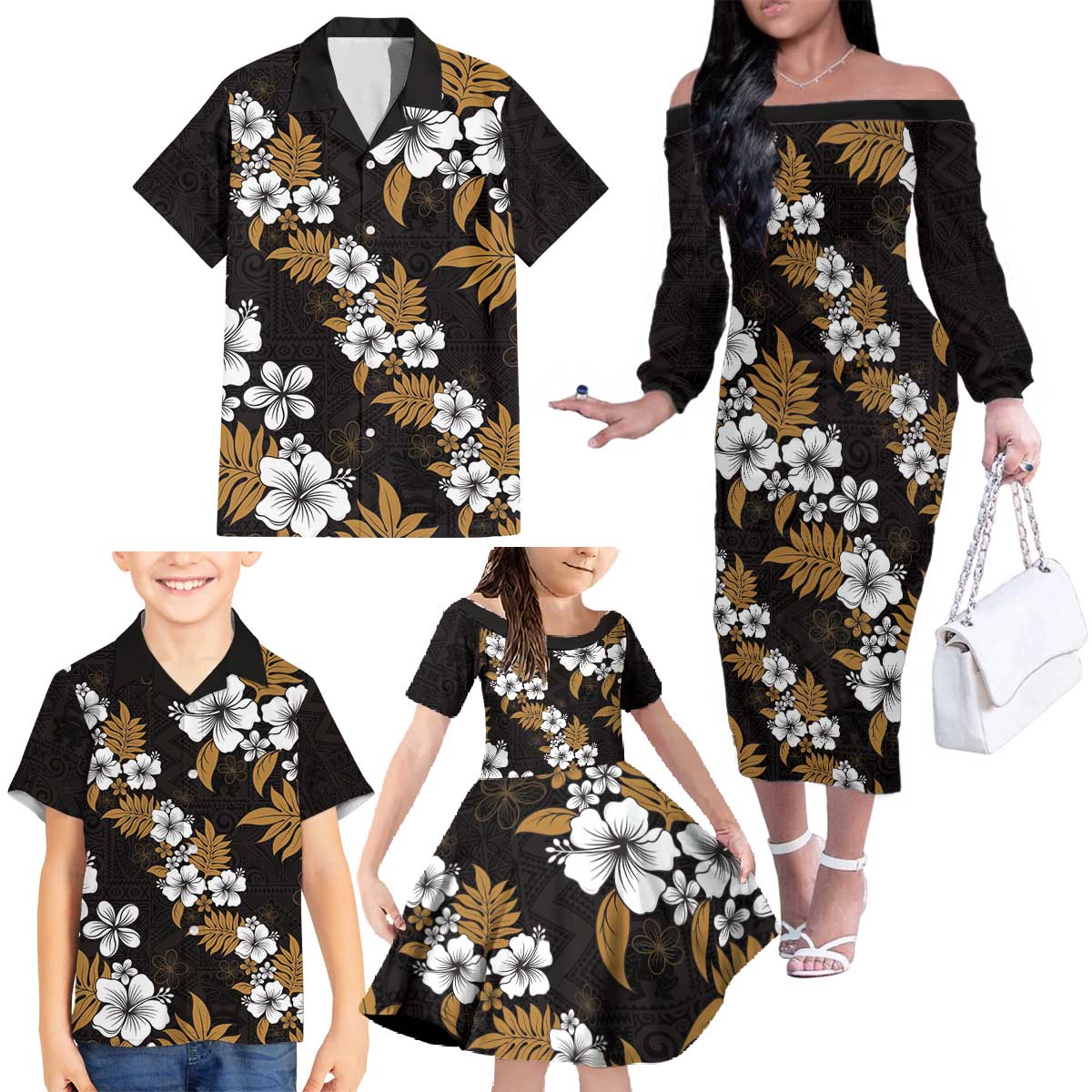 Hawaiian Hibiscus Tribal Floral Brown Family Matching Off The Shoulder Long Sleeve Dress and Hawaiian Shirt Polynesian Tapa Pattern - Polynesian Pride