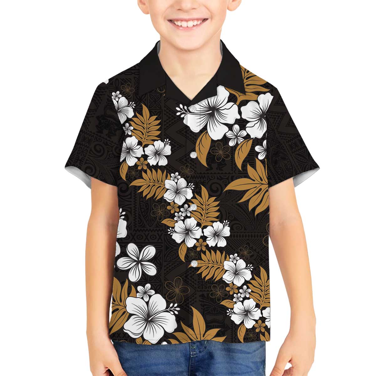 Hawaiian Hibiscus Tribal Floral Brown Family Matching Off The Shoulder Long Sleeve Dress and Hawaiian Shirt Polynesian Tapa Pattern - Polynesian Pride