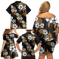Hawaiian Hibiscus Tribal Floral Brown Family Matching Off Shoulder Short Dress and Hawaiian Shirt Polynesian Tapa Pattern - Polynesian Pride