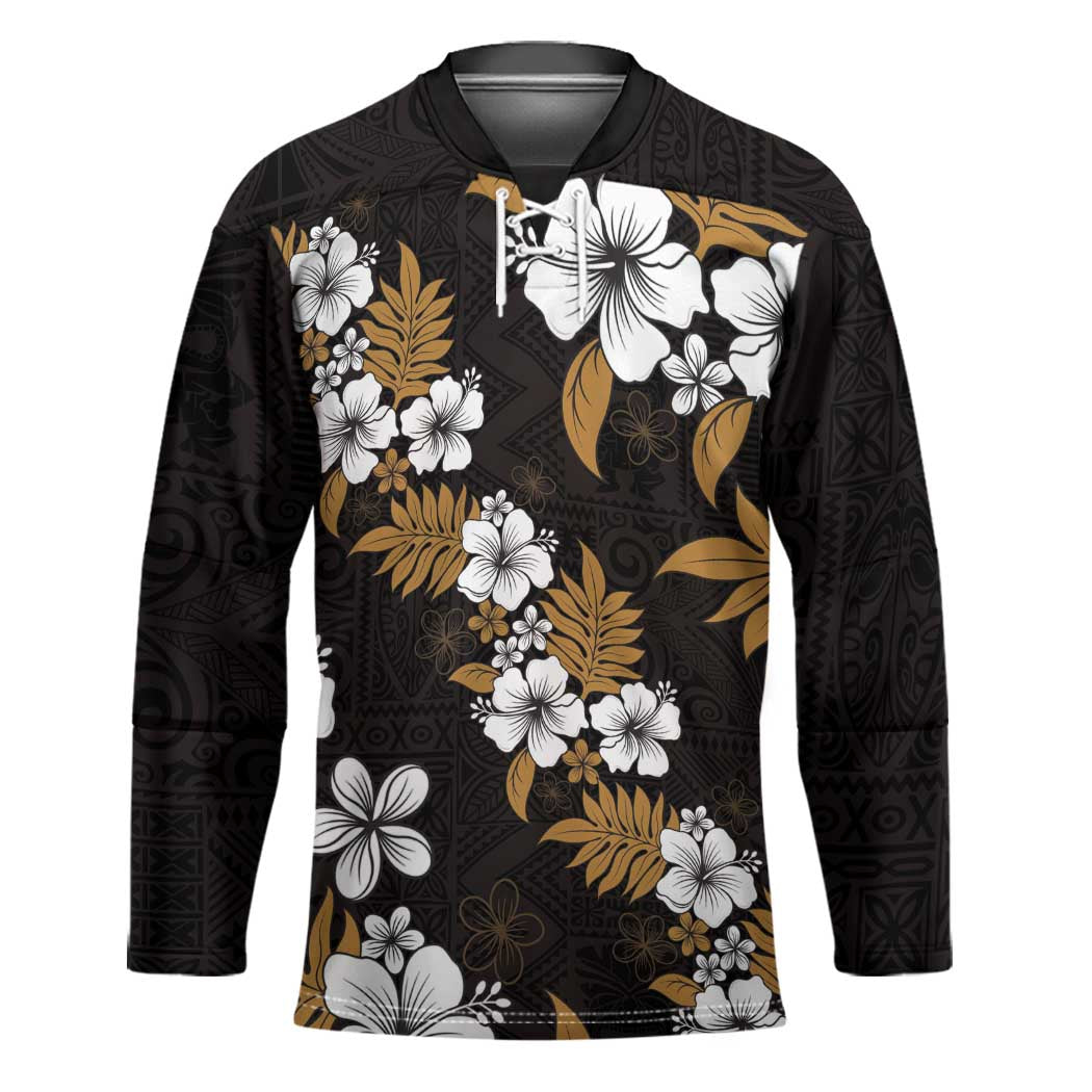 Hawaiian Hibiscus Tribal Floral Brown Hockey Jersey Polynesian Tapa Pattern - Polynesian Pride