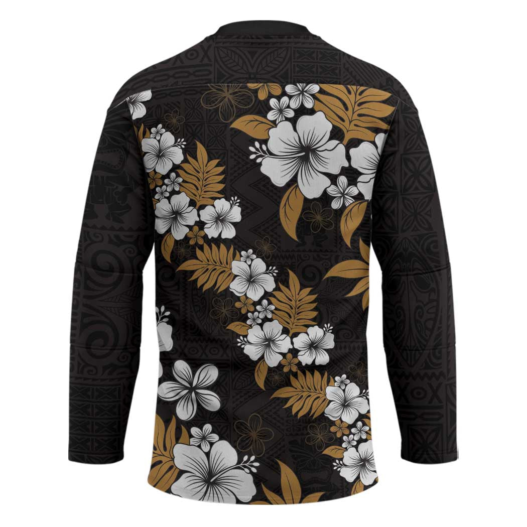 Hawaiian Hibiscus Tribal Floral Brown Hockey Jersey Polynesian Tapa Pattern - Polynesian Pride