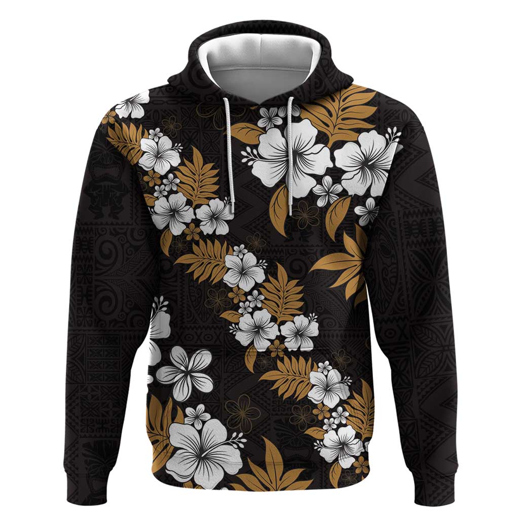 Hawaiian Hibiscus Tribal Floral Brown Hoodie Polynesian Tapa Pattern - Polynesian Pride