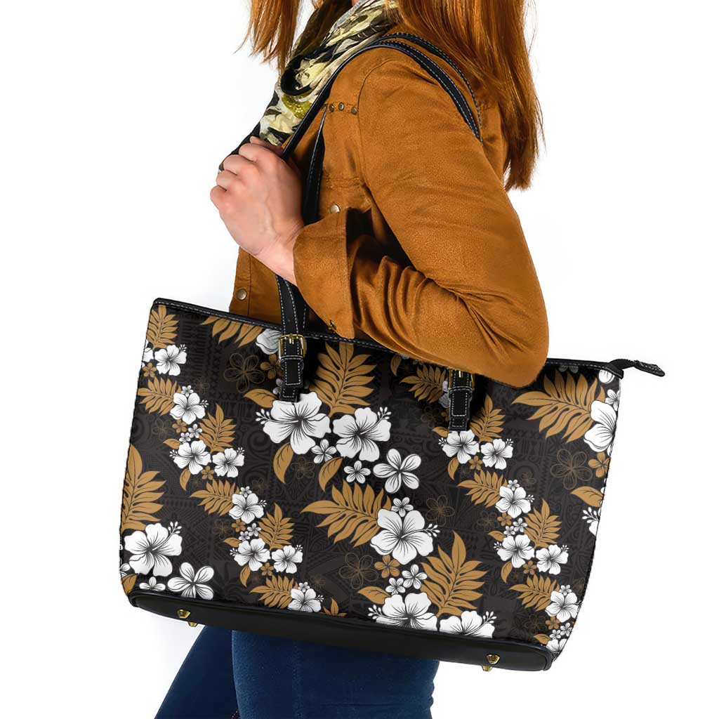 Hawaiian Hibiscus Tribal Floral Brown Leather Tote Bag Polynesian Tapa Pattern LT01 Brown - Polynesian Pride