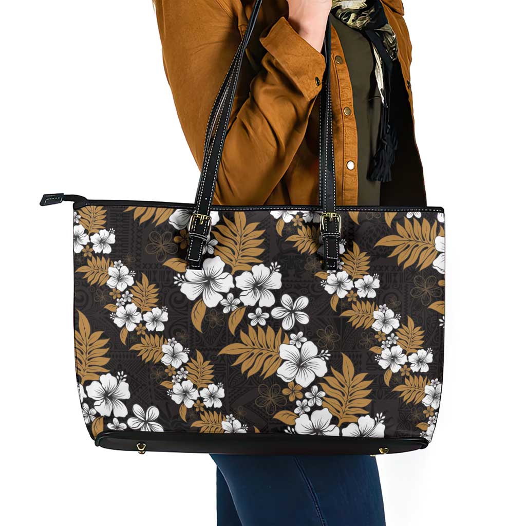 Hawaiian Hibiscus Tribal Floral Brown Leather Tote Bag Polynesian Tapa Pattern LT01 - Polynesian Pride