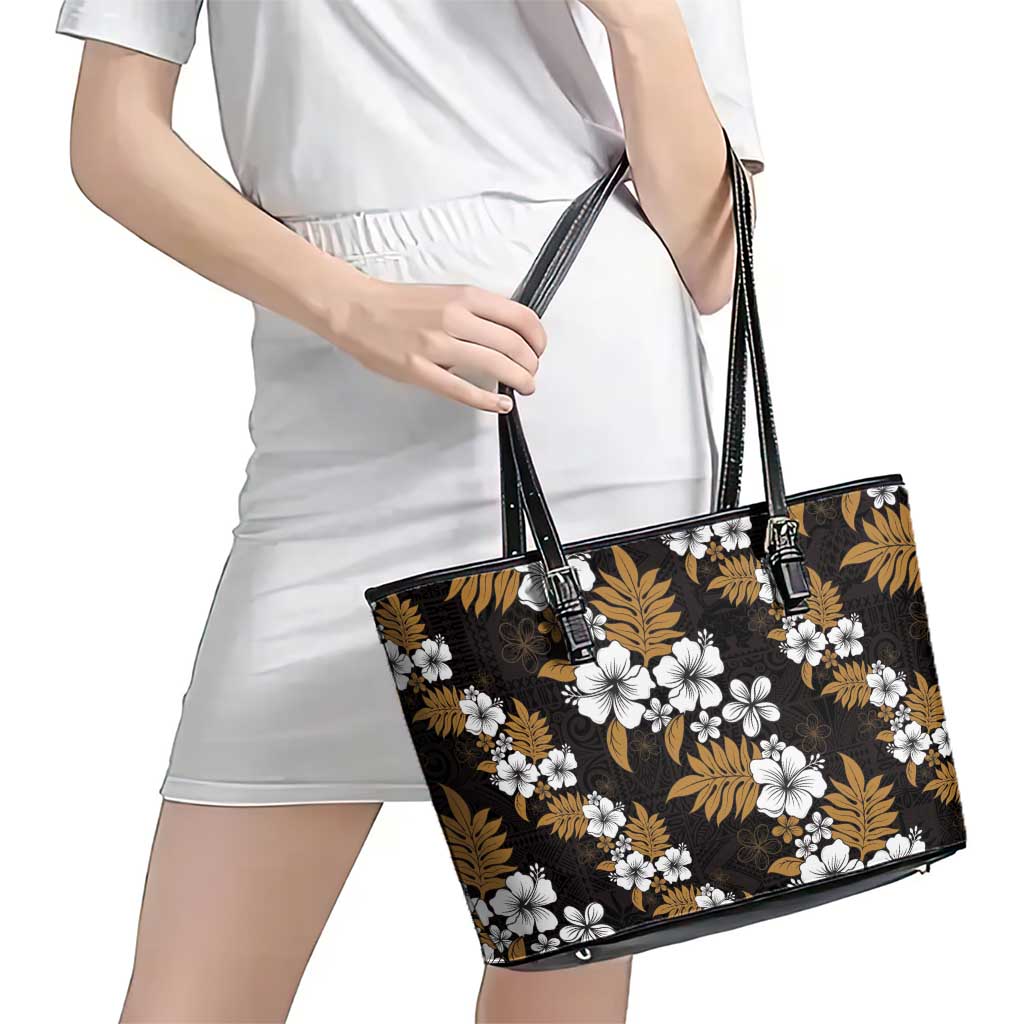 Hawaiian Hibiscus Tribal Floral Brown Leather Tote Bag Polynesian Tapa Pattern LT01 - Polynesian Pride