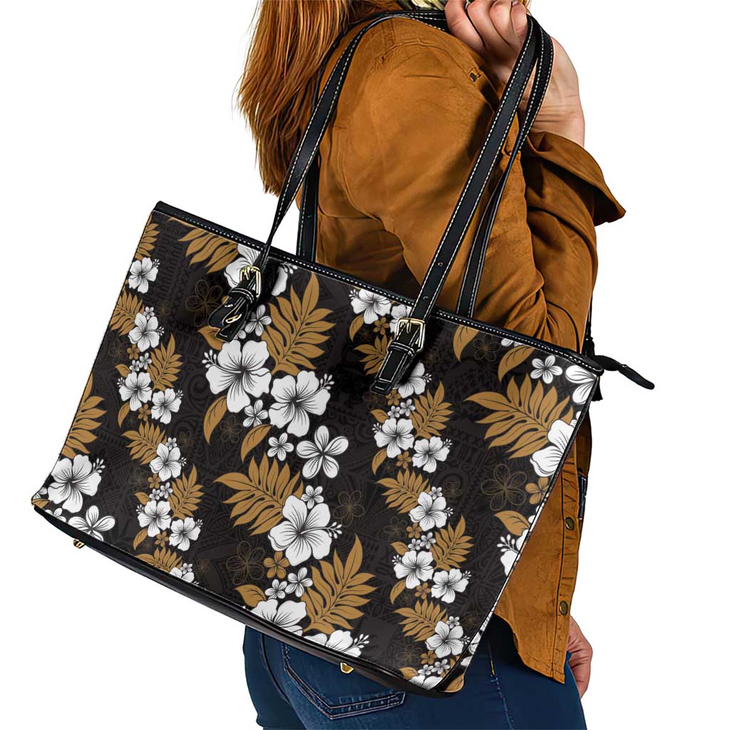 Hawaiian Hibiscus Tribal Floral Brown Leather Tote Bag Polynesian Tapa Pattern LT01 - Polynesian Pride
