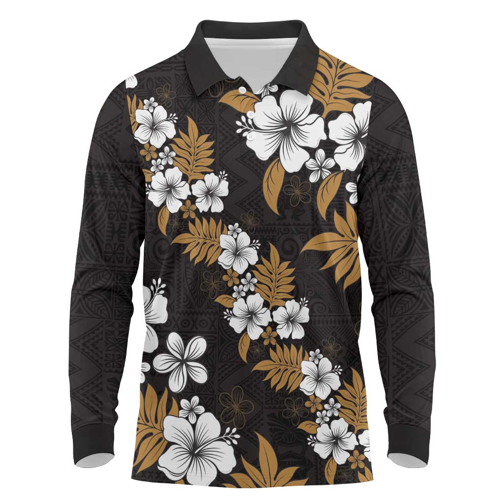 Hawaiian Hibiscus Tribal Floral Brown Long Sleeve Polo Shirt Polynesian Tapa Pattern LT01 Brown - Polynesian Pride