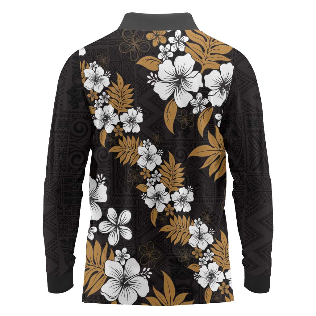 Hawaiian Hibiscus Tribal Floral Brown Long Sleeve Polo Shirt Polynesian Tapa Pattern LT01 - Polynesian Pride