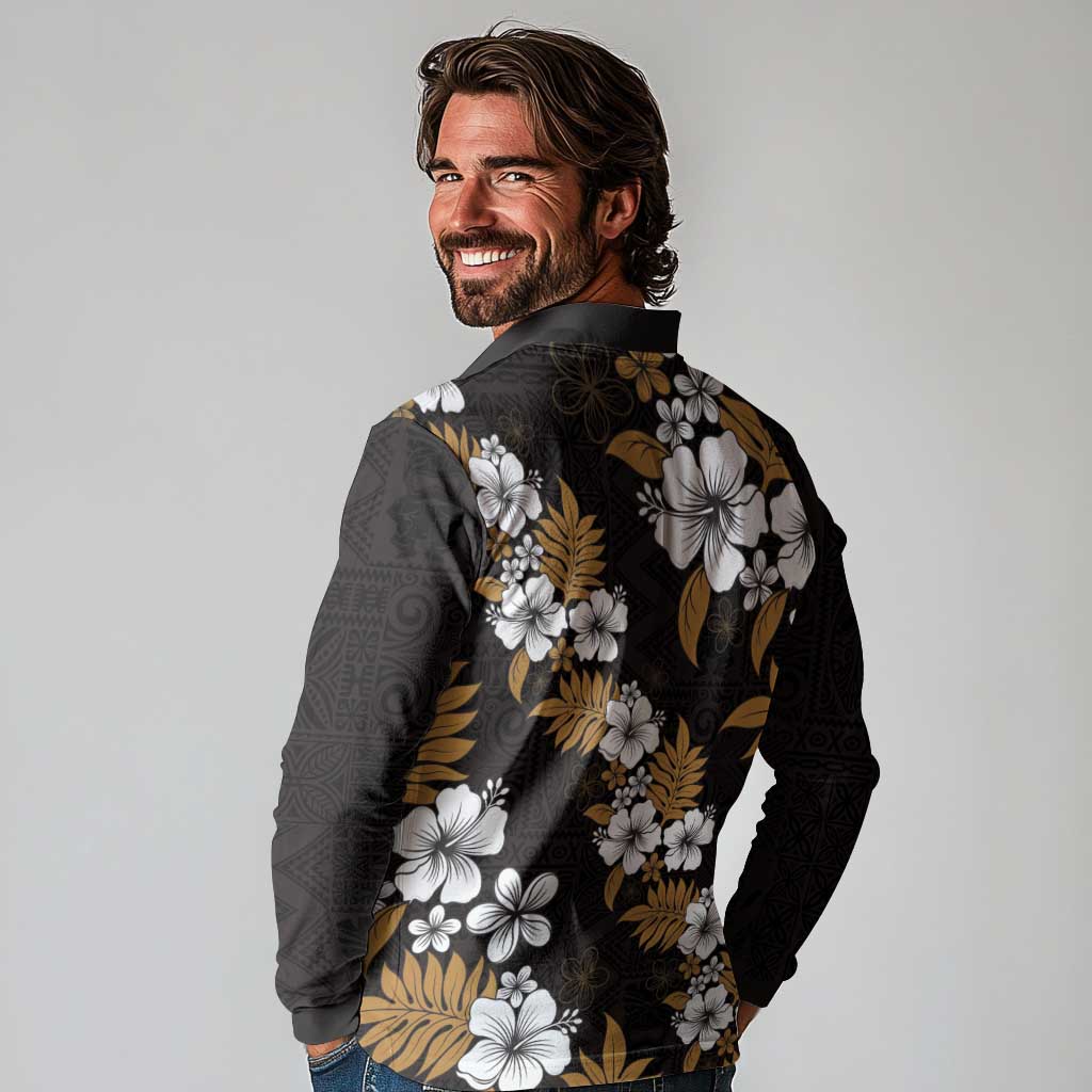 Hawaiian Hibiscus Tribal Floral Brown Long Sleeve Polo Shirt Polynesian Tapa Pattern LT01 - Polynesian Pride