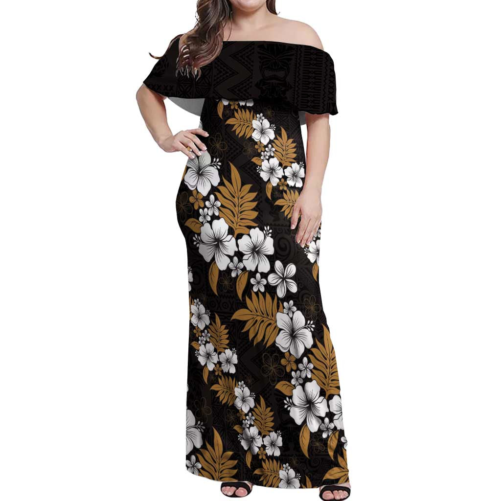 Hawaiian Hibiscus Tribal Floral Brown Off Shoulder Maxi Dress Polynesian Tapa Pattern - Polynesian Pride