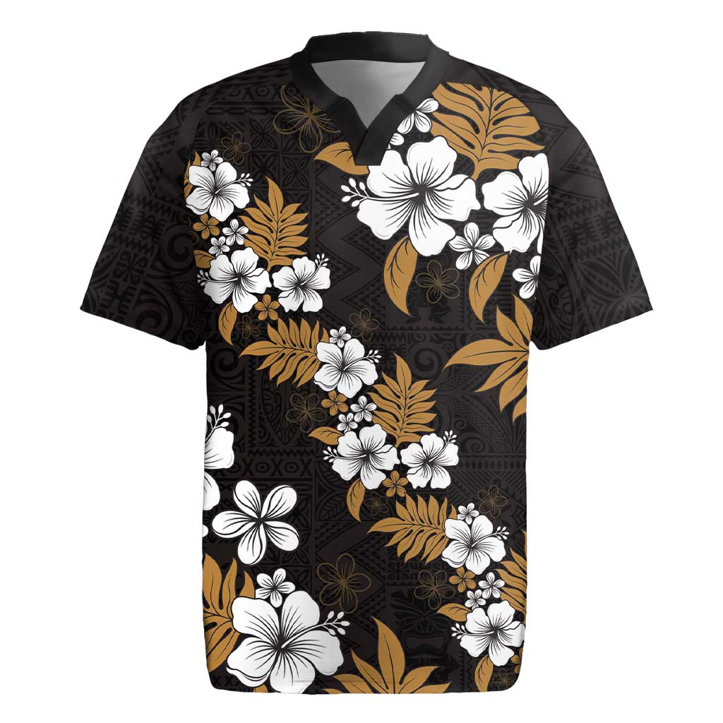 Hawaiian Hibiscus Tribal Floral Brown Rugby Jersey Polynesian Tapa Pattern - Polynesian Pride