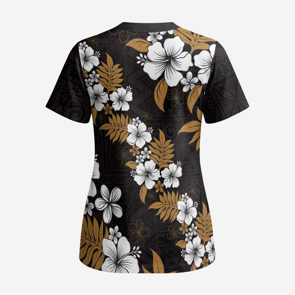 Hawaiian Hibiscus Tribal Floral Brown Scrub Top Polynesian Tapa Pattern - Polynesian Pride