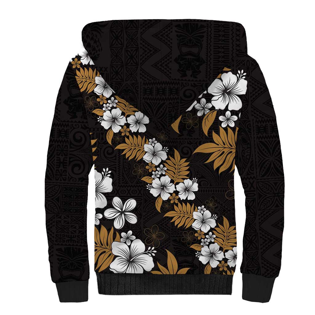 Hawaiian Hibiscus Tribal Floral Brown Sherpa Hoodie Polynesian Tapa Pattern - Polynesian Pride
