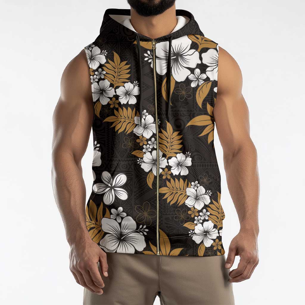 Hawaiian Hibiscus Tribal Floral Brown Sleeveless Zip Hoodie Polynesian Tapa Pattern - Polynesian Pride