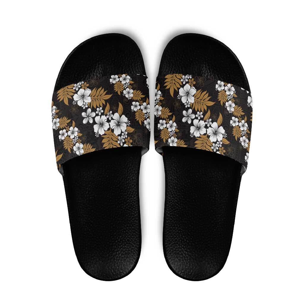 Hawaiian Hibiscus Tribal Floral Brown Slide Sandals Polynesian Tapa Pattern LT01 Brown - Polynesian Pride