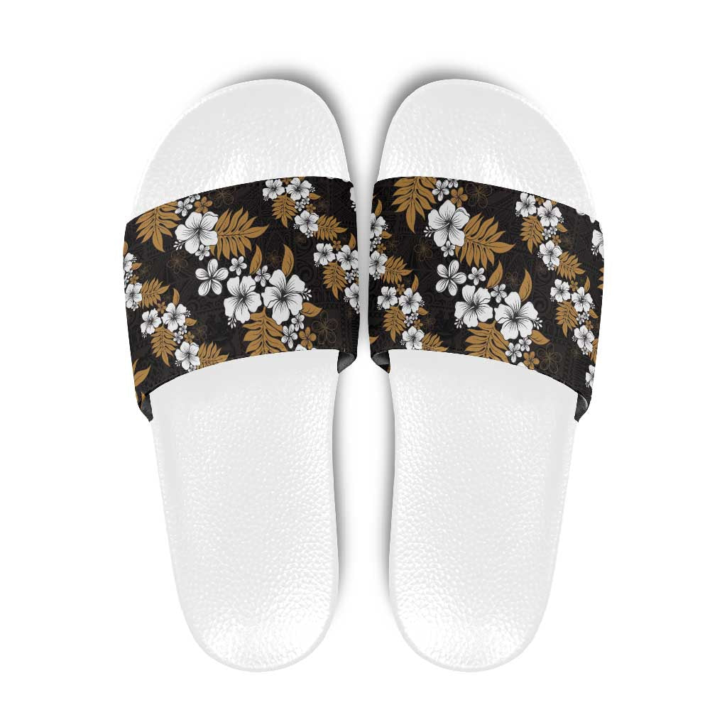 Hawaiian Hibiscus Tribal Floral Brown Slide Sandals Polynesian Tapa Pattern LT01 Brown - Polynesian Pride