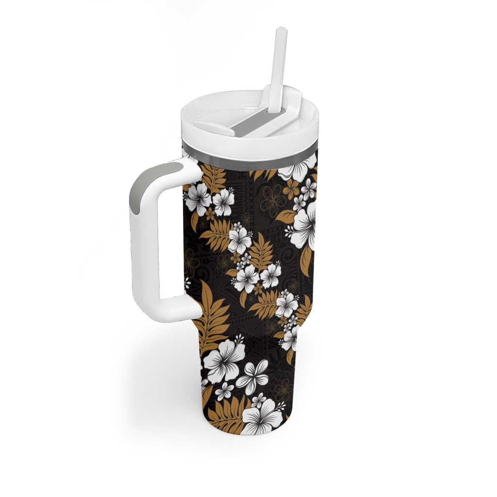 Hawaiian Hibiscus Tribal Floral Brown Tumbler With Handle Polynesian Tapa Pattern - Polynesian Pride