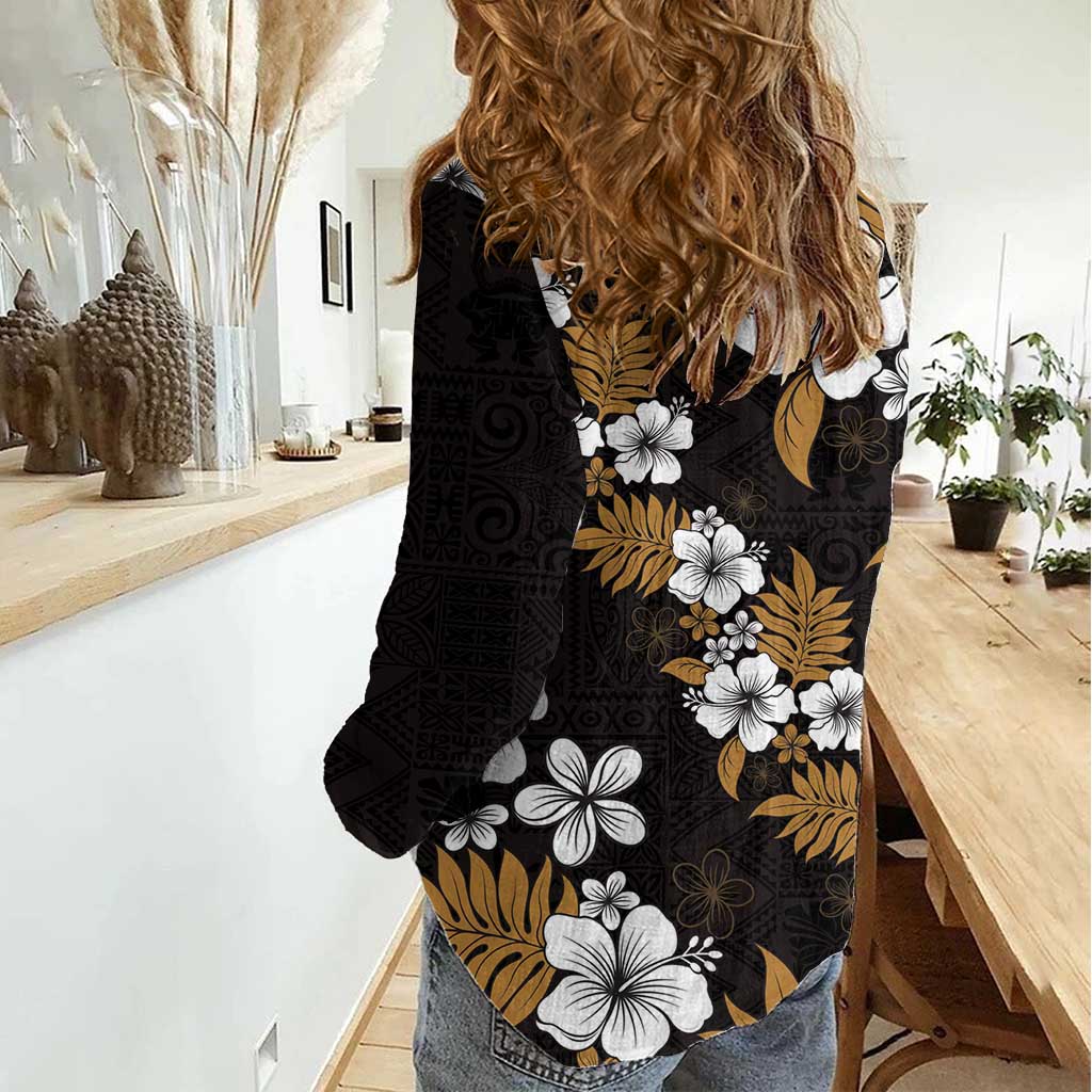 Hawaiian Hibiscus Tribal Floral Brown Women Casual Shirt Polynesian Tapa Pattern - Polynesian Pride