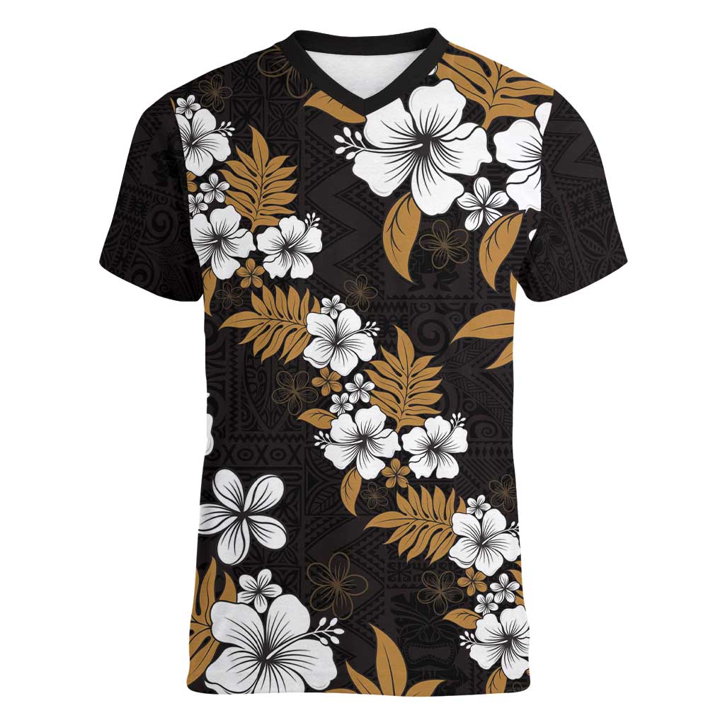 Hawaiian Hibiscus Tribal Floral Brown Women V-Neck T-Shirt Polynesian Tapa Pattern LT01 Female Brown - Polynesian Pride