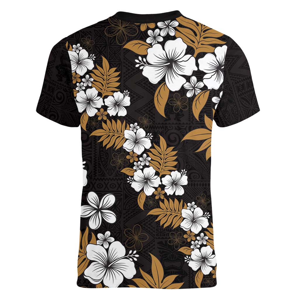 Hawaiian Hibiscus Tribal Floral Brown Women V-Neck T-Shirt Polynesian Tapa Pattern - Polynesian Pride