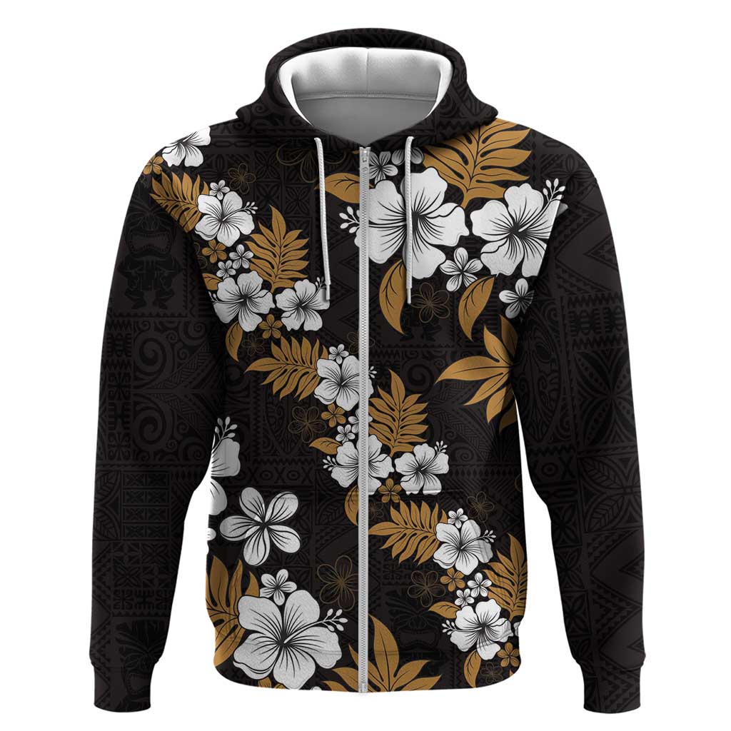 Hawaiian Hibiscus Tribal Floral Brown Zip Hoodie Polynesian Tapa Pattern LT01 Zip Hoodie Brown - Polynesian Pride