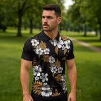 Hawaiian Hibiscus Tribal Floral Brown Zipper Polo Shirt Polynesian Tapa Pattern - Polynesian Pride