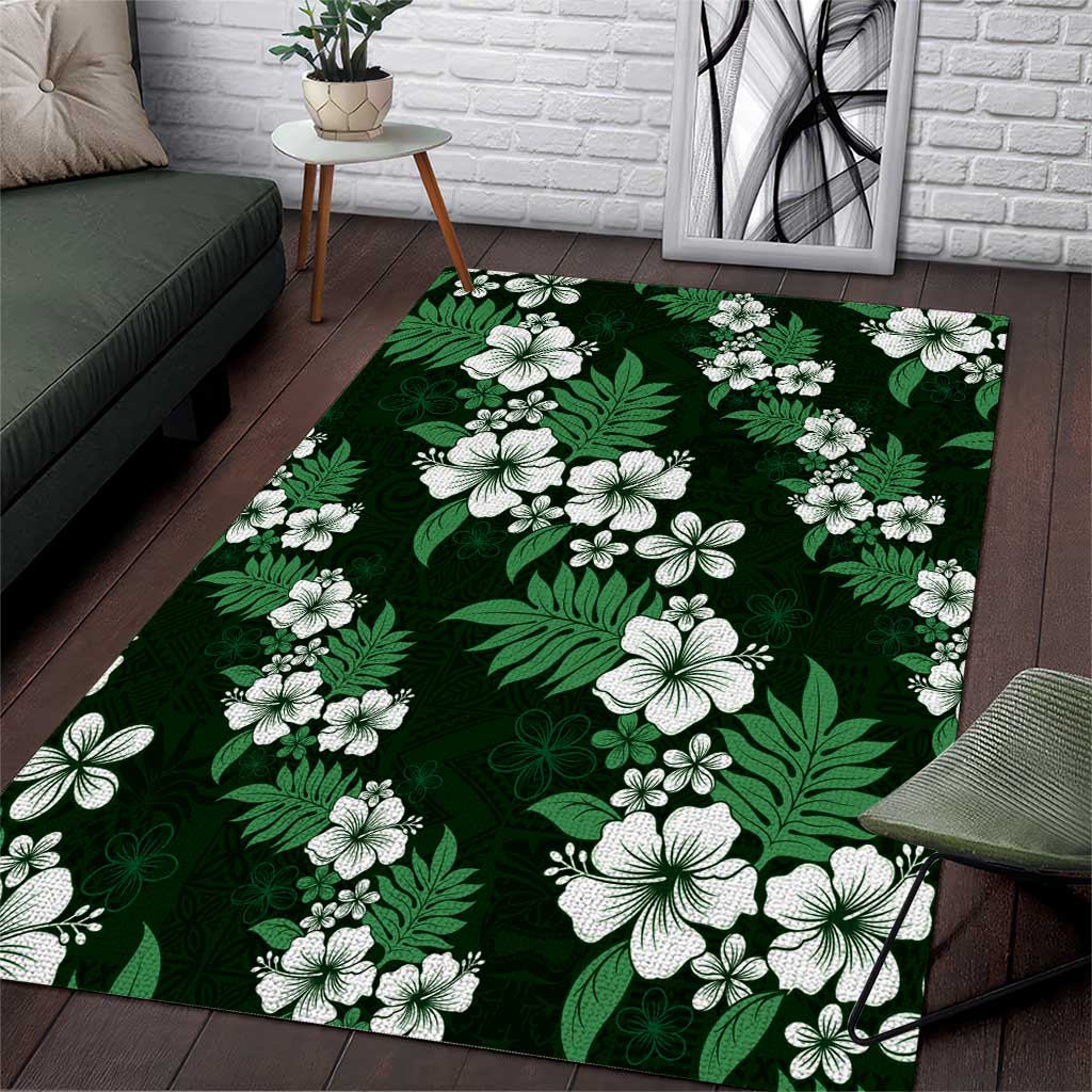 Hawaiian Hibiscus Tribal Floral Green Area Rug Polynesian Tapa Pattern - Polynesian Pride