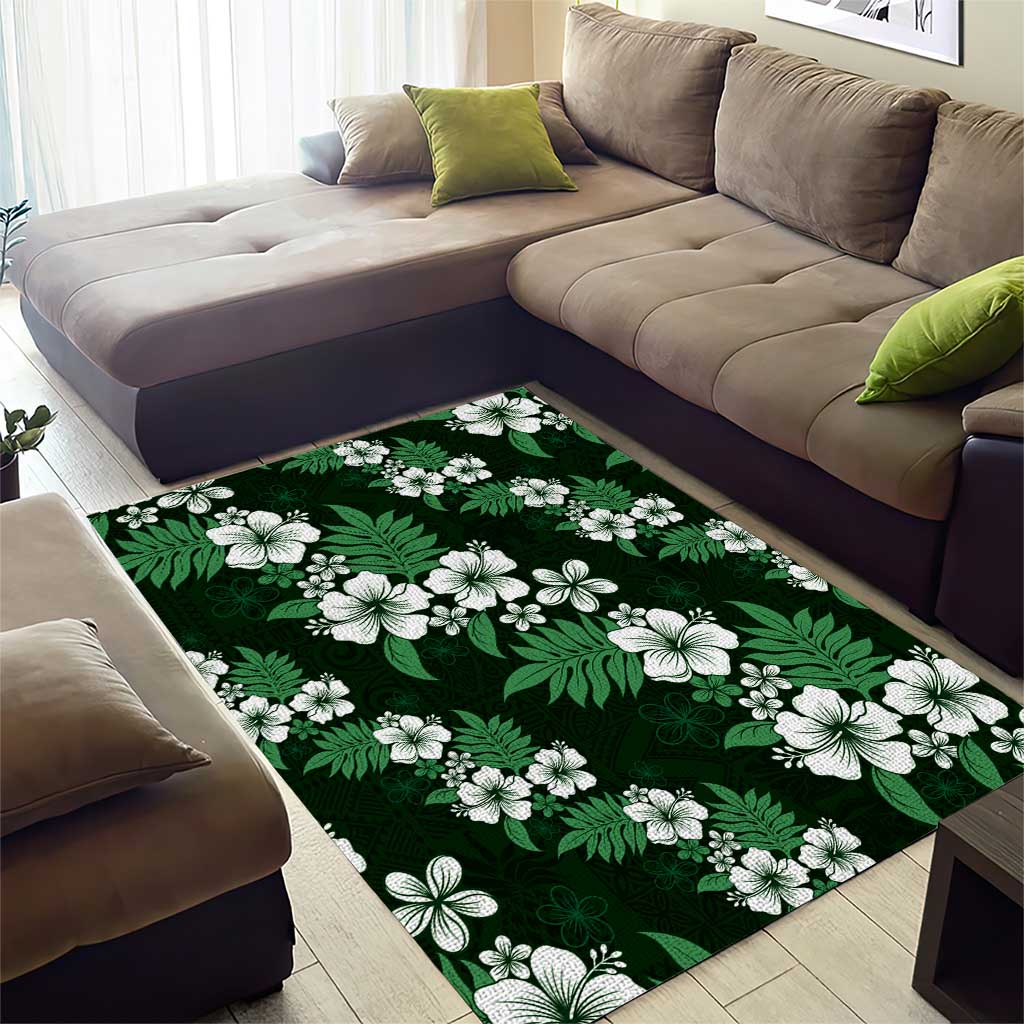 Hawaiian Hibiscus Tribal Floral Green Area Rug Polynesian Tapa Pattern - Polynesian Pride