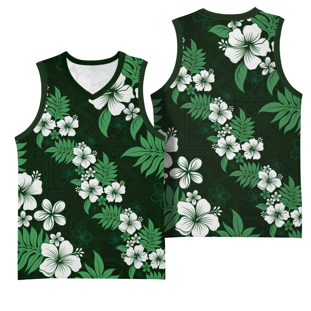 Hawaiian Hibiscus Tribal Floral Green Basketball Jersey Polynesian Tapa Pattern LT01 - Polynesian Pride