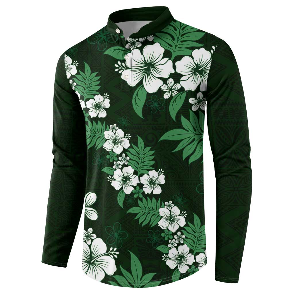 Hawaiian Hibiscus Tribal Floral Green Button Sweatshirt Polynesian Tapa Pattern - Polynesian Pride
